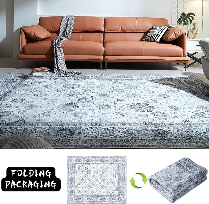 Runner Rug 2'x6' Hallway Washable Boho Soft Area Rug Non-Slip Non-Shedding Faux Wool Vintage for Kitchen, Entryway, Laundry, Bedroom, Indoor (Grey and White)