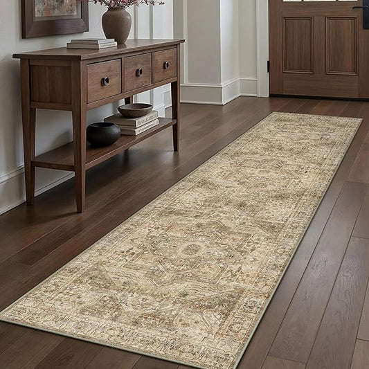 Brown Multi Hallway Runner Rug 2x8 Vintage Washable Distressed Area Carpet Kitchen Indoor Non Slip Long Traditional Medallion Retro Accent Throw Rug for Bedroom Laundry Dining Living Room