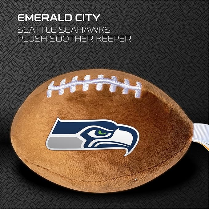 Seattle Seahawks Plush Football Pacifier Holder by Smilo - Officially Licensed NFL Soother Holder - Soft Plush Toy and Dummy Holder - Fits Any Pacifier - Stroller Accessory & Newborn Essential