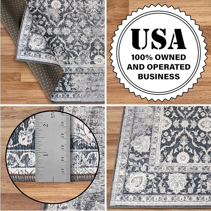 ReaLife Rugs Machine Washable Area Rug - Living Room Bedroom Bathroom Kitchen Entryway Office - Padded Low Pile Stain Resistant Premium - Boho Farmhouse Vintage - Noor - Dark Gray Ivory 2'6" x 8'