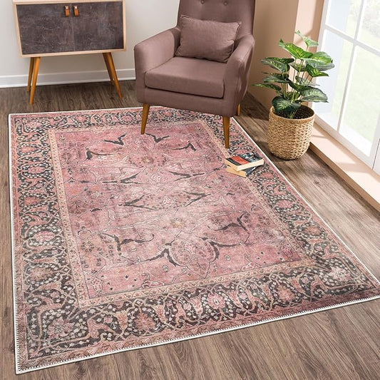 Bloom Rugs Washable Non-Slip 9' x 12' Rug - Soft Pink Traditional Bordered Area Rug for Living Room, Bedroom, Dining Room, and Kitchen - Exact Size: 9' x 12'