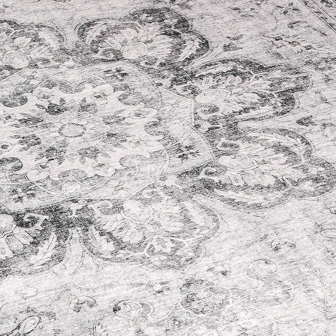 ReaLife Rugs Machine Washable Area Rug - Living Room Bedroom Bathroom Kitchen Entryway Office - Padded Low Pile Stain Resistant Premium - Boho Farmhouse Vintage - Joy - Gray 4' x 6'