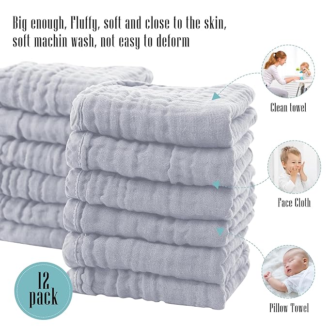 Cute Castle 12 Pack Muslin Burp Cloths for Baby - Ultra-Soft 100% Cotton Baby Washcloths - Large 20'' by 10'' Super Absorbent Milk Spit Up Rags - Burpy Cloths for Unisex, Boy, Girl - Slate