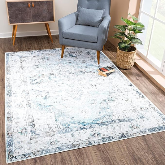 Bloom Rugs Washable Non-Slip 3' x 5' Rug - Beige/Blue Traditional Area Rug for Living Room, Bedroom, Dining Room, and Kitchen - Exact Size: 3' x 5'