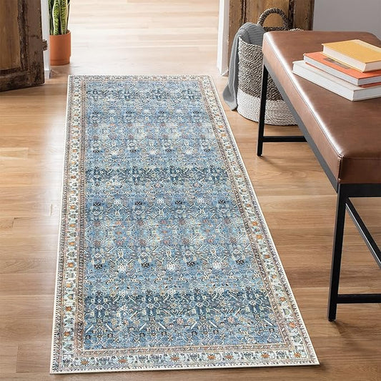 Bloom Rugs Washable Non-Slip 7 ft Runner - Blue/Beige Traditional Runner for Entryway, Hallway, Bathroom, and Kitchen - Exact Size: 2.5' x 7'