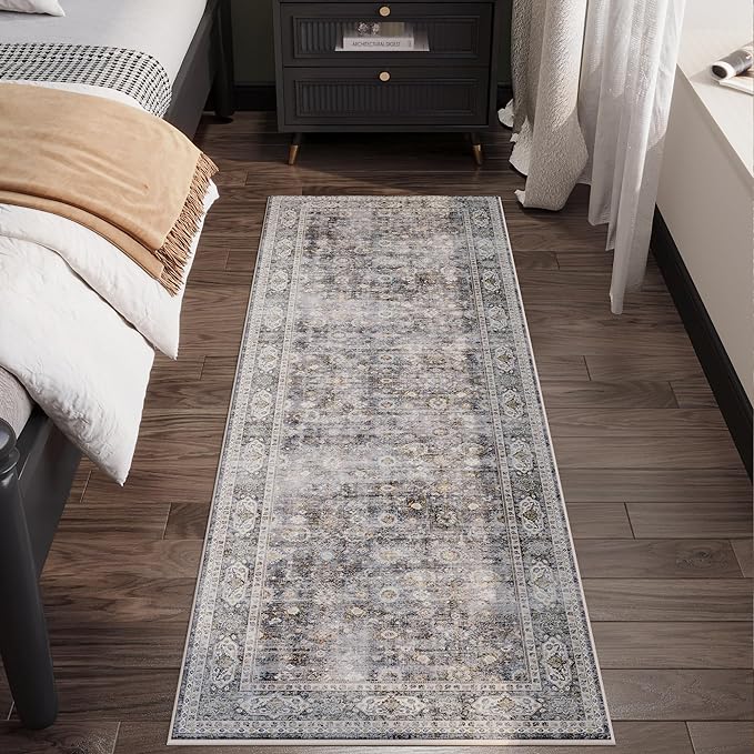 Runner Rug for Hallways Kitchen Non Slip 2'x 6' Washable Rugs with Rubber Backing Soft Floral Carpet for Hallways, Kitchen, Laundry, Bedroom, Bathroom(Grey and Brown)