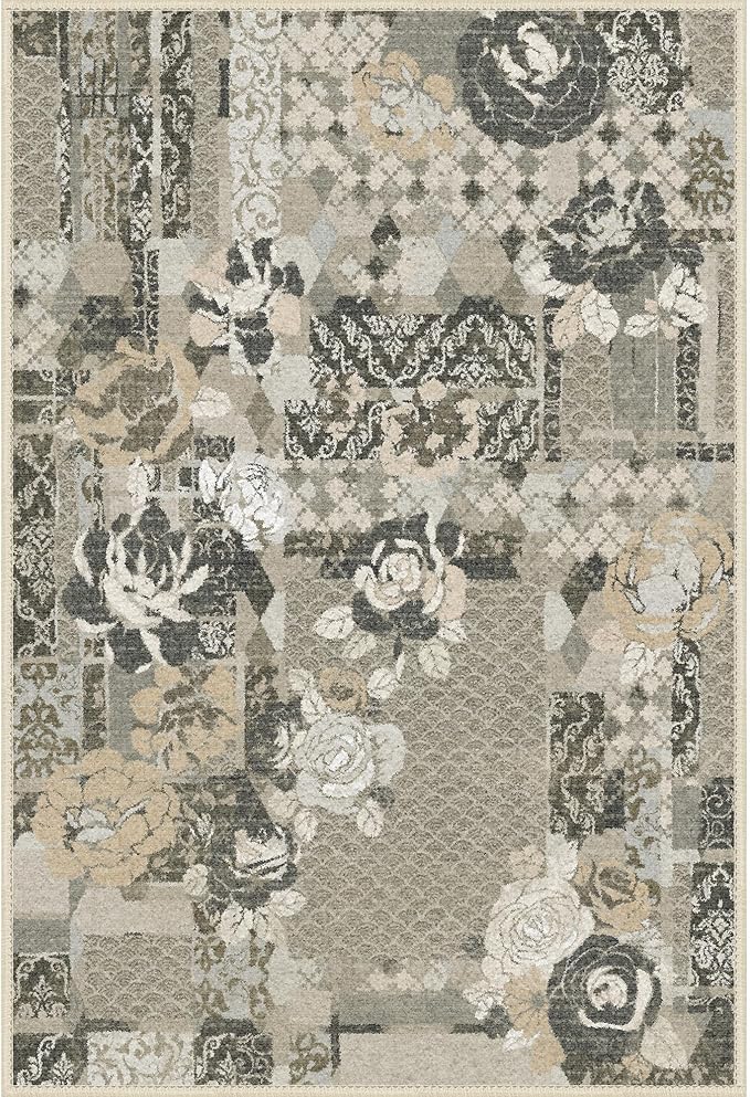 GENIMO Area Rug 2x3 Doormat, Machine Washable Low Pile Rugs, Small Floral Patchwork Retro Chenille Entryway Mat for Entrance, Hallway, Kitchen and Corridor, Taupe Gray