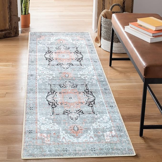 Bloom Rugs Washable Non-Slip 7 ft Runner - Gray/Coral Pink Traditional Runner for Entryway, Hallway, Bathroom, and Kitchen - Exact Size: 2.5' x 7'
