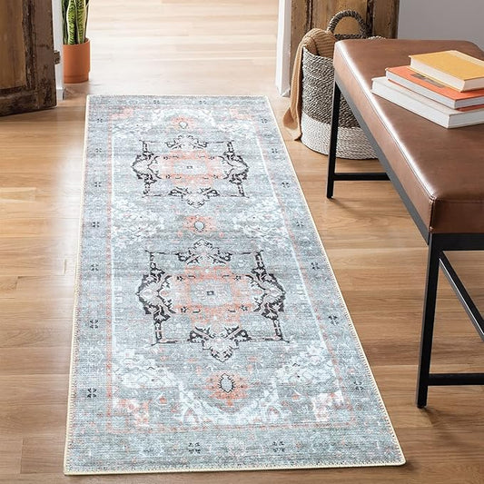 Bloom Rugs Washable Non-Slip 7 ft Runner - Gray/Coral Pink Traditional Runner for Entryway, Hallway, Bathroom, and Kitchen - Exact Size: 2.5' x 7'