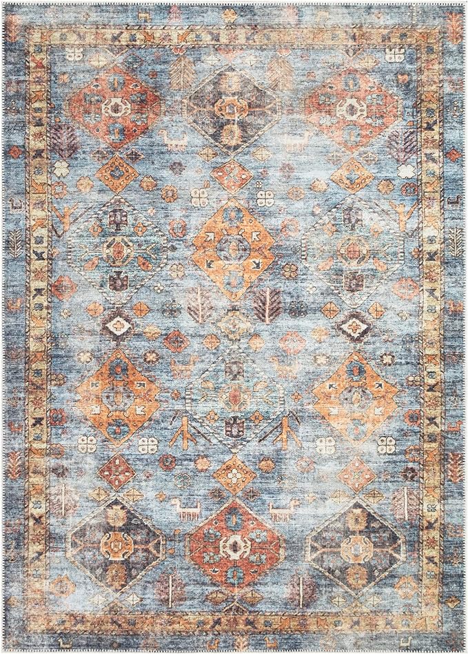 Bloom Rugs Washable Non-Slip 4' x 6' Rug - Blue/Orange Traditional Bordered Area Rug for Living Room, Bedroom, Dining Room, and Kitchen - Exact Size: 4' x 6'