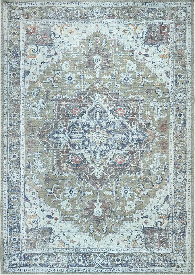 Bloom Rugs Washable Non-Slip 9' x 12' Rug - Green/Blue Traditional Medallion Area Rug for Living Room, Bedroom, Dining Room, and Kitchen - Exact Size: 9' x 12'