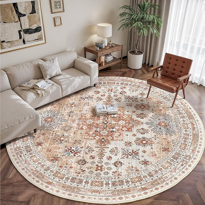 zesthome 9ft Round Rugs for Living Room, Non-Slip Washable Round Area Rugs, Ultra-Thin Large Circle Rugs, Soft Low Pile Rug for Bedroom, Kitchen - Vintage Stain Resistant Round Rug (Orange,9'x9')