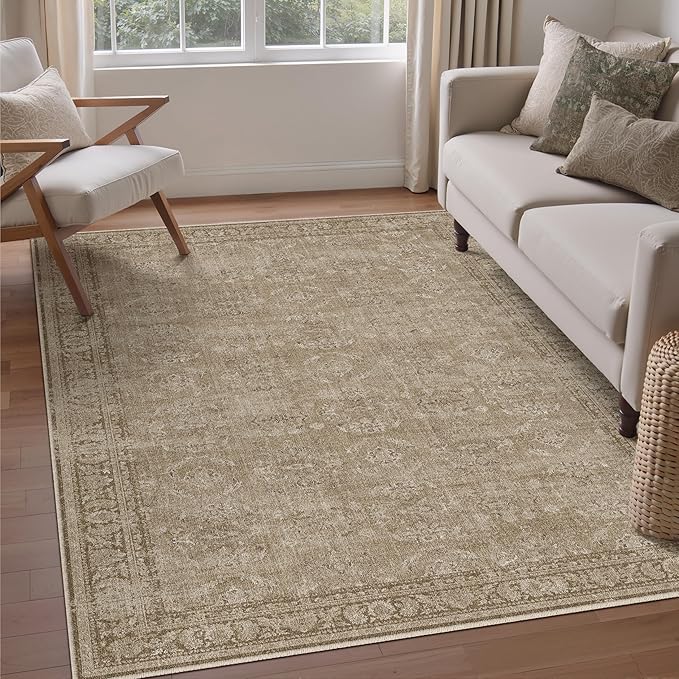 4x6 Light Brown Area Rug Washable Vintage Distressed Office Carpet Low Pile Entryway Non Slip Indoor Soft Retro Entrance Throw Accent Rug for Kitchen Bathroom Bedroom Dining Living Room
