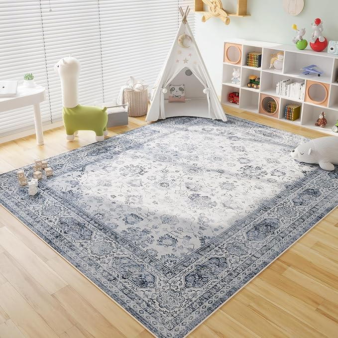 Area Rugs 8x10 Rug for Living Room Washable Boho Area Rug Non Slip Soft Vintage Low Pile Large Rug for Living Room, Bedroom, Farmhouse, Dining Room, Kids Playroom(Grey and White)