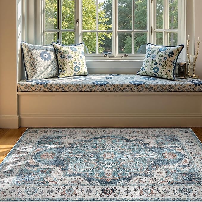 jinchan Area Rug 4x6 Washable Vintage Rug Floor Cover Traditional Thin Blue Multi Distressed Floral Print Indoor Mat for Bedroom Living Room Kitchen Dining Room