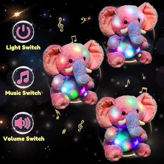 Hopearl Colorful LED Musical Stuffed Elephant Light up Singing Plush Elephish Adjustable Volume Lullaby Animated Soothe Birthday Festival for Kids Toddlers, Rainbow, 11''