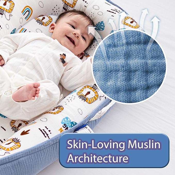 Premium Muslin Baby Lounger - Foldable, Adjustable & Breathable Infant Seat for 0-24 Months, Portable Travel Design with Mesh Liner, Soft & Cozy for Home & On-The-Go