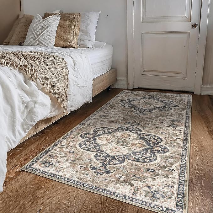 ReaLife Rugs Machine Washable Area Rug Runner - Living Room Bedroom Bathroom Kitchen Entryway Office - Padded Low Pile Stain Resistant Premium - Boho Farmhouse Vintage - Joy - Brown Beige 2'6" x 10'