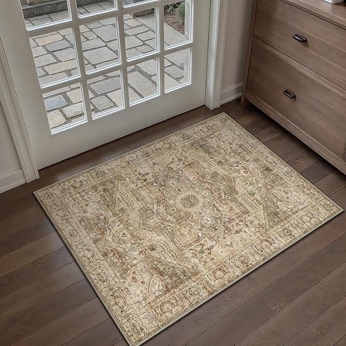 Brown Multi Area Rug 2x3 Vintage Entryway Door Mat Washable Distressed Kitchen Carpet Non Slip Soft Indoor Traditional Medallion Retro Accent Throw Rug for Bedroom Office Dining Living Room