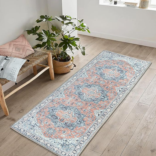 Bloom Rugs Washable Non-Slip 10 ft Runner - Coral/Blue Traditional Medallion Runner for Entryway, Hallway, Bathroom, and Kitchen - Exact Size: 2.5' x 10'