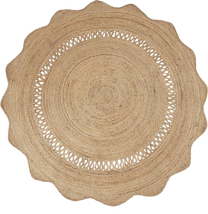 REDEARTH · Round Area Rug - 5 Feet Braided Scalloped Desert Wave Natural Jute Rug- Artisan Made Boho Jute Patterned Rugs for Bedroom, Kitchen, Living Room, Farmhouse, Handmade Vintage Decor