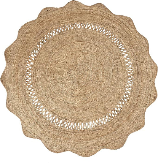 REDEARTH · Round Area Rug - 5 Feet Braided Scalloped Desert Wave Natural Jute Rug- Artisan Made Boho Jute Patterned Rugs for Bedroom, Kitchen, Living Room, Farmhouse, Handmade Vintage Decor