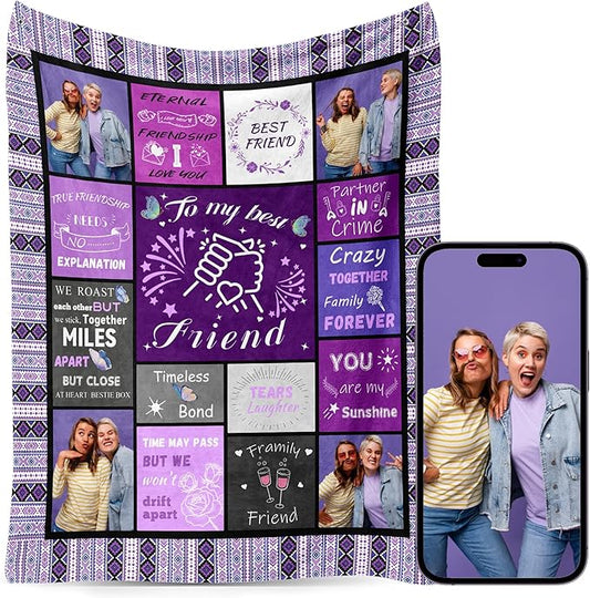 BFF Best Friend Custom Personalized Blanket Thow Gifts with Photo, Customized Pictures Blankets Gift for Sister Women Girls Christmas Birthday (Purple Grid Friend)