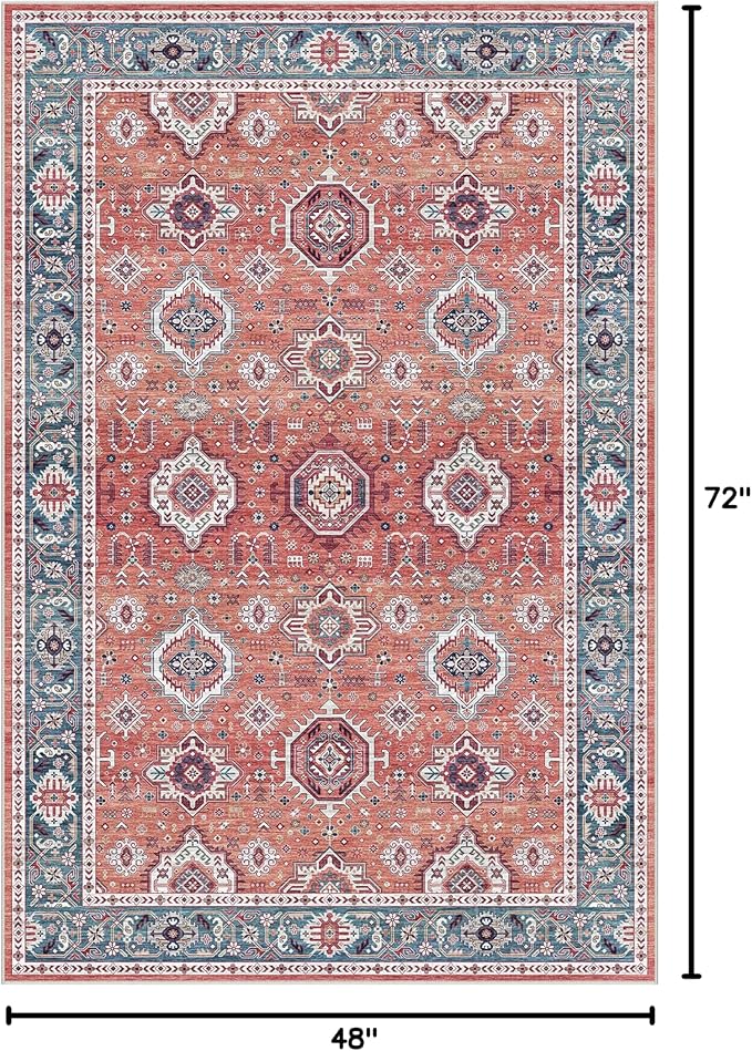Dripex Vintage Washable Area Rug - 4x6 Distressed Rugs for Living Room Bedroom Oriental Medallion Floral Print Carpet Low-Pile Indoor Soft Non-Slip Accent Rug Farmhouse Office Home Decor