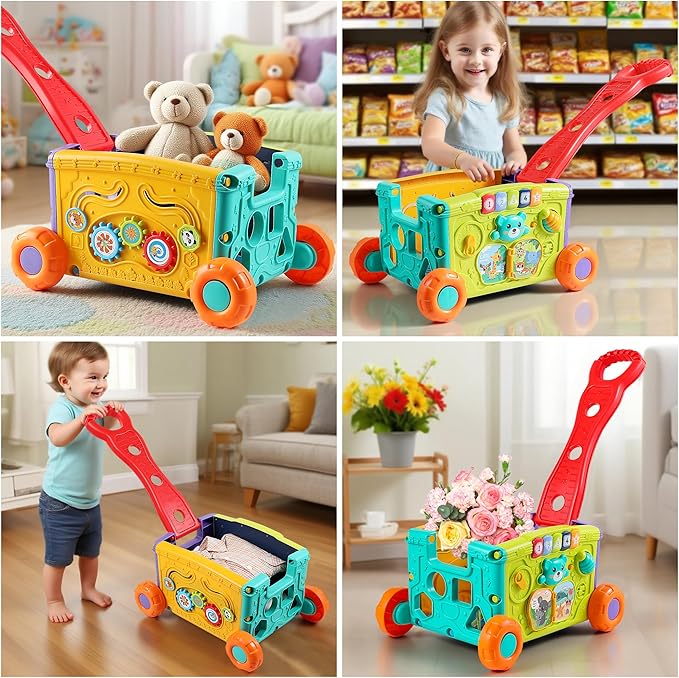 Interactive Learning Push Walker Toy for Toddlers, Musical Activity Wagon with Handle, Educational Rolling Cart with Blocks，Suitable for 18 Month Old Boys and Girls