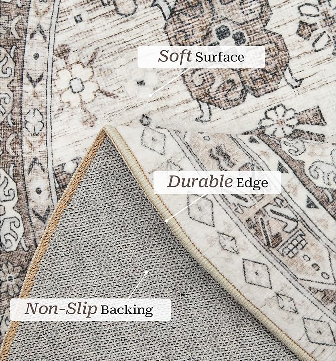 zesthome 8ft Round Rugs for Living Room, Non-Slip Washable Round Area Rugs, Ultra-Thin Large Circle Rugs, Soft Low Pile Rug for Bedroom, Kitchen - Vintage Stain Resistant Round Rug (Brown/Beige,8'x8')