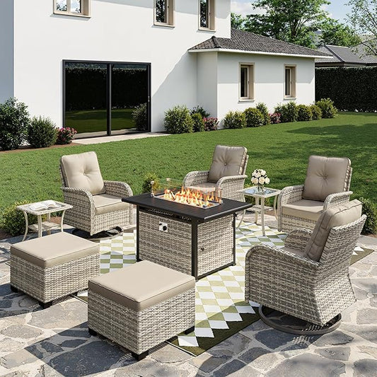 9-Piece Small Patio Furniture Set, Outdoor Swivel Rocking Chairs Set with 55,000 BTU Fire Pit Table Wicker Chairs and Ottomans, Patio Bistro Set for Balcony, Deck, Porch, Khaki