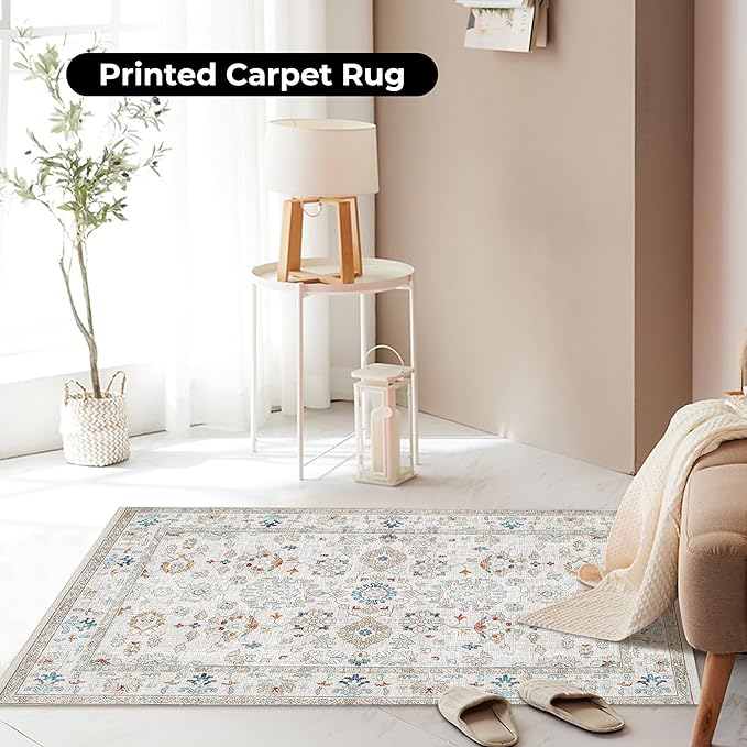 Washable Soft Small Boho Area Rugs, Rags Rug, Printed Carpet Chennile Rugs for Living Room 27x45 inch Cream Rust Multi,Machine Washable Printed Rugs - 30% Cotton, 70% Polyester