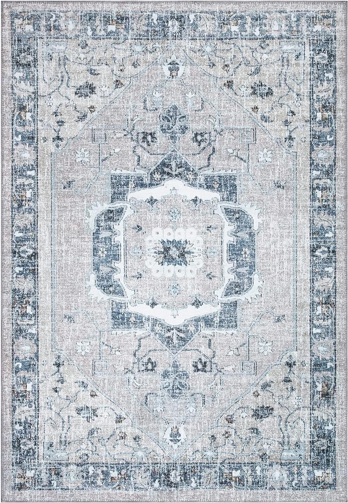 Bloom Rugs Washable Non-Slip 6' x 9' Rug - Pebble Gray/Blue Traditional Medallion Area Rug for Living Room, Bedroom, Dining Room, and Kitchen - Exact Size: 6' x 9'