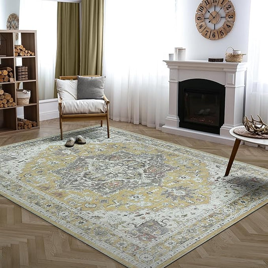Bloom Rugs Washable Non-Slip 8' x 10' Rug - Yellow Traditional Medallion Area Rug for Living Room, Bedroom, Dining Room, and Kitchen - Exact Size: 8' x 10'