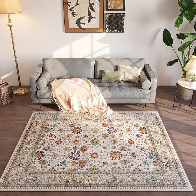 Area Rug 4x6 Rug Washable Boho Rugs Non Slip Low Pile Small Carpet for Bedroom, Bedside, Kids Room, Office, Dining Room (Colorful)