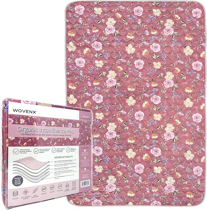 Organic Incontinence Pad for Period - Waterproof Protectors - Reusable Washable Pee Pad - Fits Twin to Full Size Beds - 100% Organic Viscose Derived from Bamboo - 34" x 52" Dark Flower