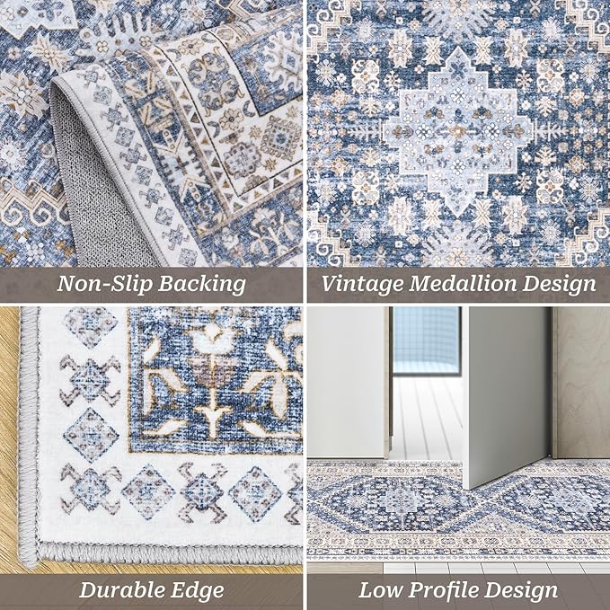 zesthome Washable Runner Rug 2.5x16 - Stain Resistant Entryway Rug,Ultra-Thin Kitchen Rugs, Anti Slip Backing Runner Rugs for Entrance Laundry Room Indoor Hallway (Blue/Beige,2.5'x16')