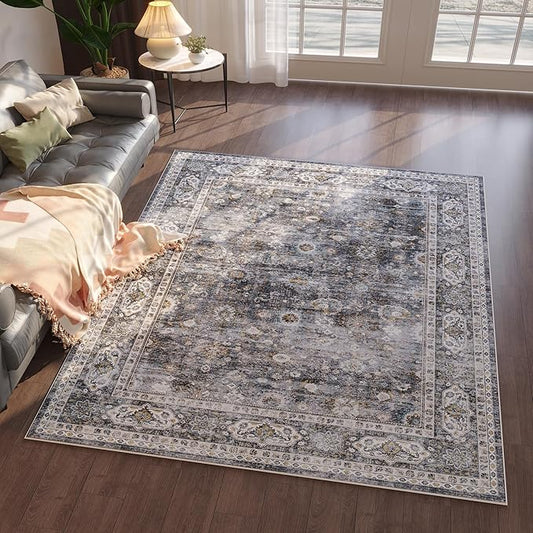 Area Rug 4x6 Rug Washable Boho Rugs Non Slip Low Pile Soft Floral Small Carpet for Bedroom, Bedside, Kids Room, Office, Dining Room(Grey)
