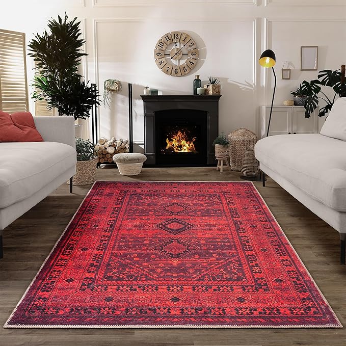 Bloom Rugs Washable Non-Slip 10x14 Rug - Red Traditional Bordered Area Rug for Living Room, Bedroom, Dining Room, and Kitchen - Exact Size: 10' x 14'