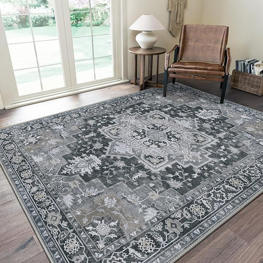 GENIMO 9x12 Area Rugs for Living Room, Machine Washable Non Slip Vintage Rugs, Low Pile Lightweight Chenille Print Rug for Bedroom, Dining Room, Home Office,Dark Gray