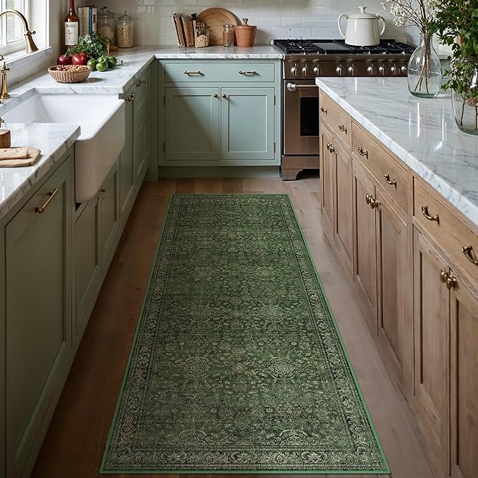 Vintage Runner Rug 2x8 Washable Hallway Carpet Non Slip Long Green Bedroom Low Pile Kitchen Distressed Retro Accent Throw Rug for Bathroom Dining Laundry Living Room