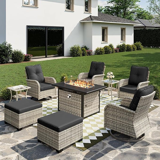 9-Piece Small Patio Furniture Set, Outdoor Swivel Rocking Chairs Set with 55,000 BTU Fire Pit Table Wicker Chairs and Ottomans, Patio Bistro Set for Balcony, Deck, Porch, Black