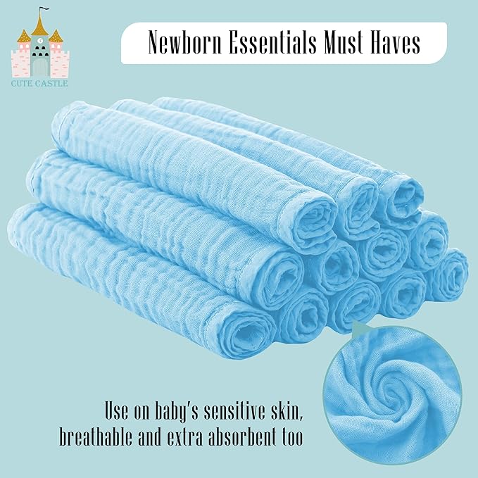 24 Pack Muslin Burp Cloths for Baby - Ultra-Soft 100% Cotton Baby Washcloths - Large 20'' by 10'' Super Absorbent Milk Spit Up Rags - Burpy Cloths for Unisex, Boy, Girl - Aquamarine