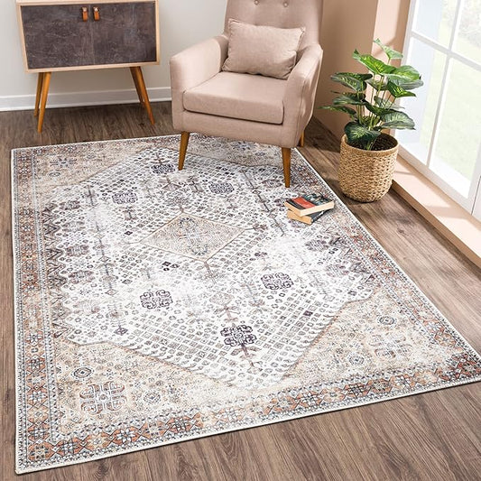 Bloom Rugs Washable Non-Slip 4' x 6' Rug - Sand/Orange/Purple Traditional Medallion Area Rug for Living Room, Bedroom, Dining Room, and Kitchen - Exact Size: 4' x 6'