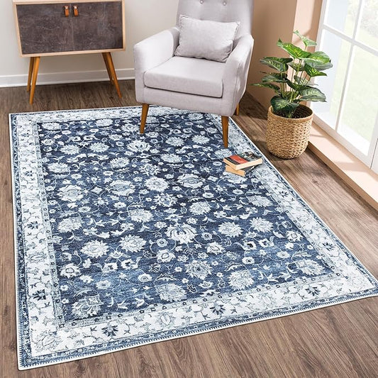 Bloom Rugs Washable Non-Slip 3' x 5' Rug - Dark Blue Traditional Bordered Area Rug for Living Room, Bedroom, Dining Room, and Kitchen - Exact Size: 3' x 5'
