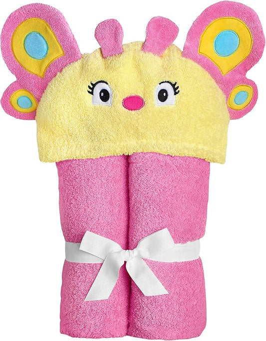 Hooded Baby Towel for Kids 2-8 | Large 100% Cotton Baby Towel for Girls | Cute Butterfly Bath Towels for Babies and Toddlers in Hot Pink and Yellow