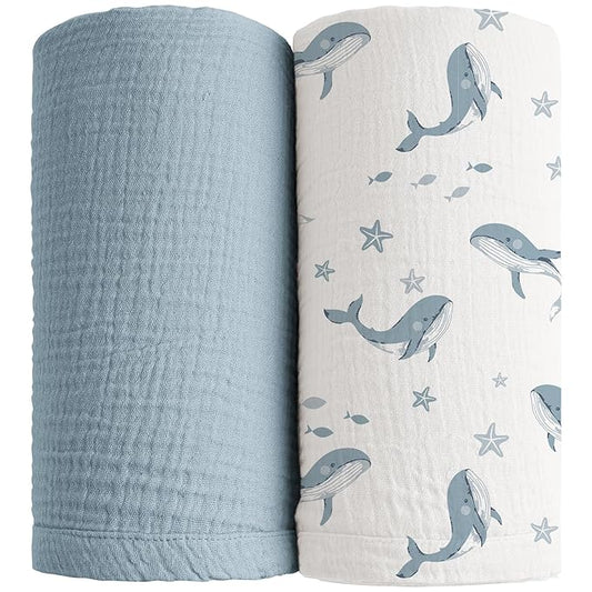 Konssy 2 Pack Muslin Swaddle Blankets, 100% Cotton Receiving Blanket Large 47 x 47 inches for Baby Boys Girls, Soft Breathable Muslin Baby Blanket for Newborn (Blue Whale,Blue)