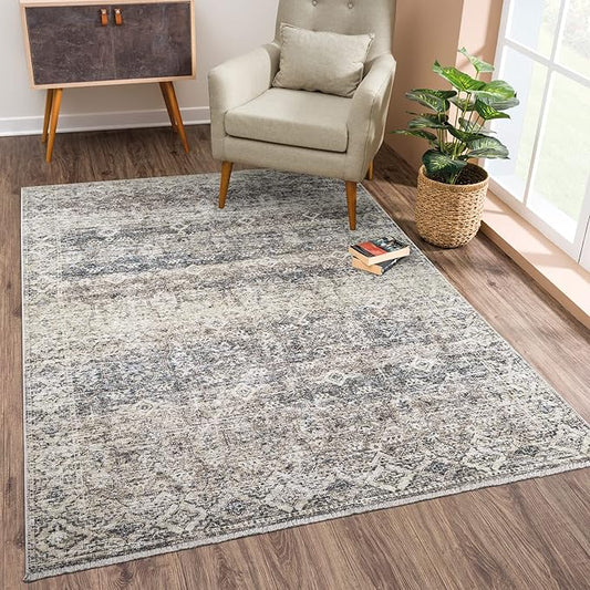 Bloom Rugs Caria Washable Non-Slip 3x5 Rug - Beige Brown/Teal Traditional Area Rug for Living Room, Bedroom, Dining Room, and Kitchen - Exact Size: 3' x 5'