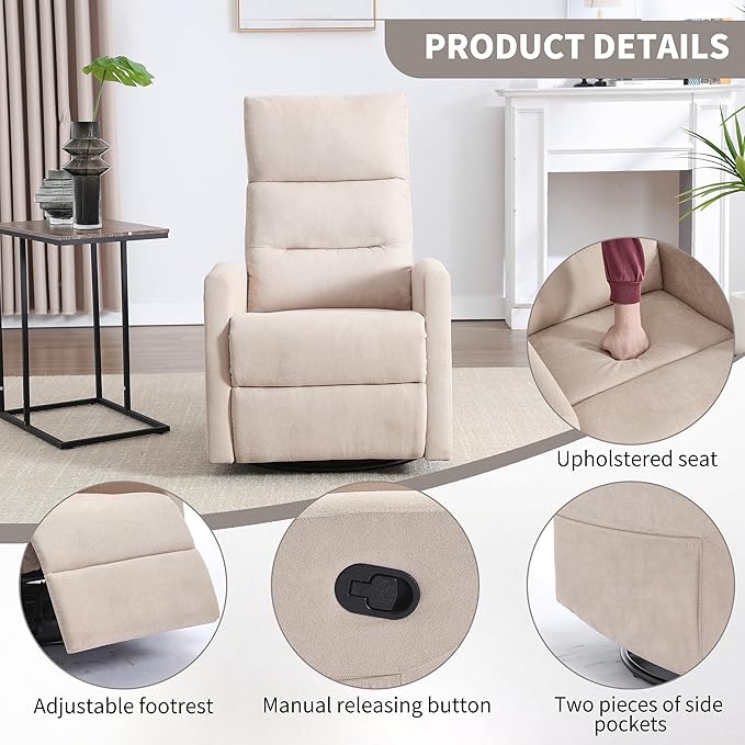 360° Swivel Rocking Chair for Nursery, Manual Glider Chair Nursing Chair with Side Pockets, Polyester Glider for Living Room, Heavy Duty Motion Mechanism, Beige