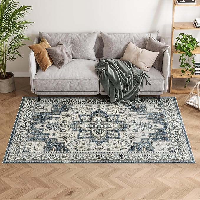 Dripex Vintage Washable Area Rug - 3x5 Entryway Rug for Indoor Door Mat Low-Pile Non-Slip Bedside Rug Bedroom Oriental Medallion Floral Print Carpet Soft Accent Rug Farmhouse Office Home Decor